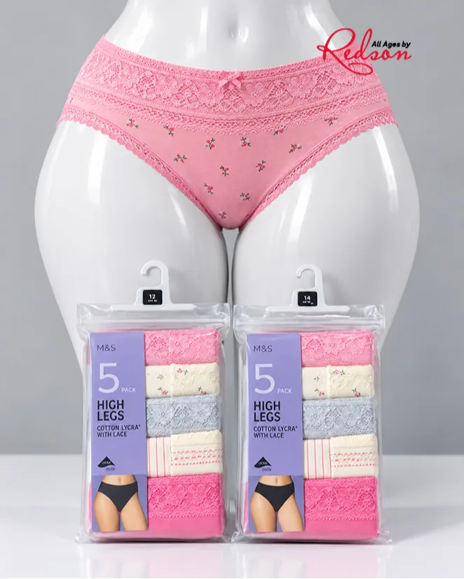 M&S Women's Cotton Lycra Lace High Leg Briefs – 5 Pack