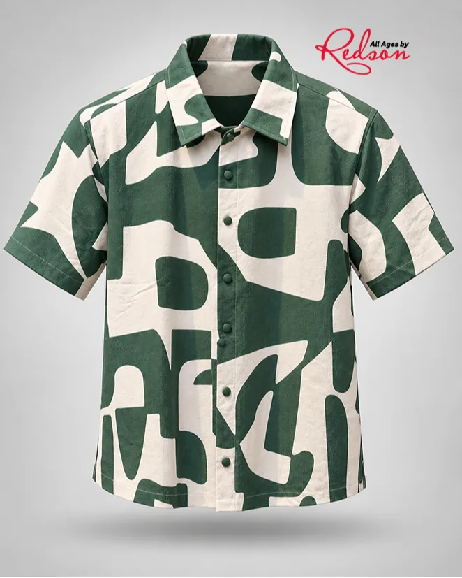 Men's Green And Cream Abstract Print Short Sleeve Shirt