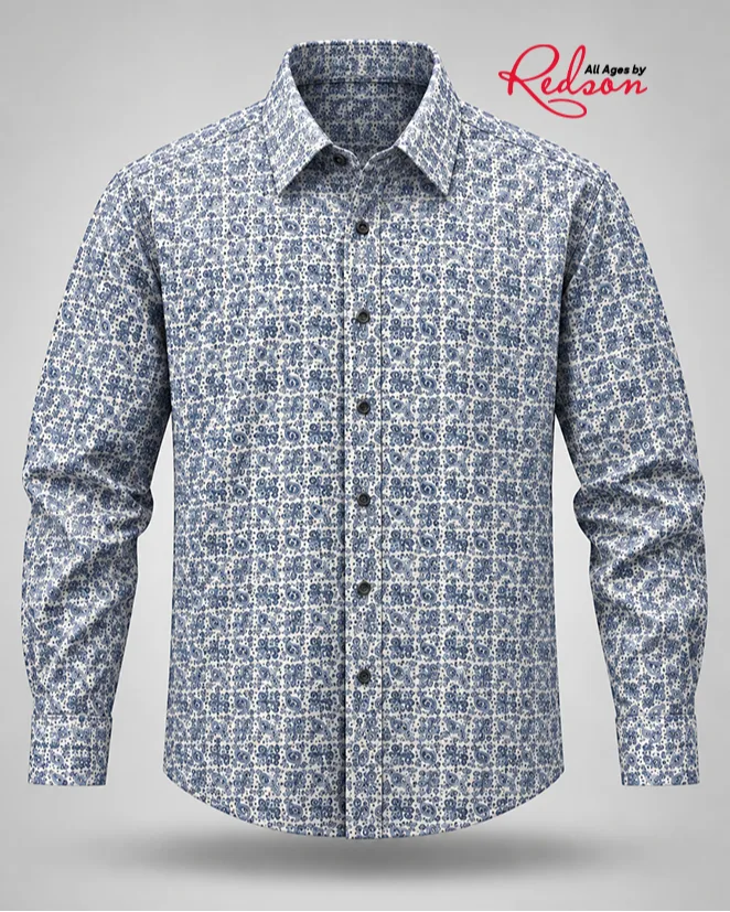 Men’s Blue And White Floral Print Long Sleeve Shirt