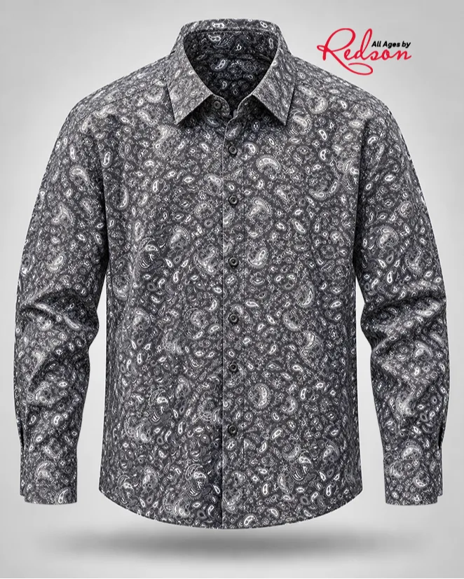 Men’s Black And White Paisley Print Long Sleeve Shirt