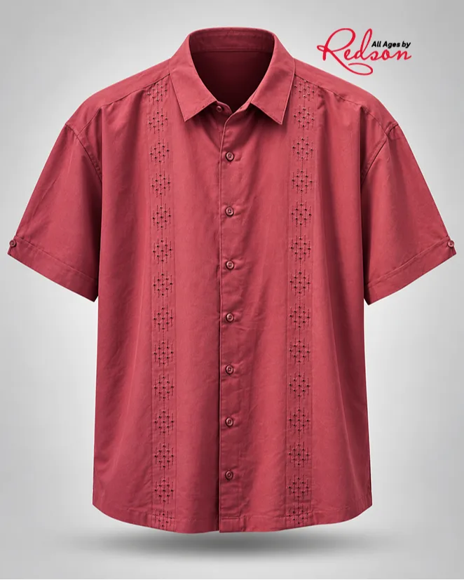Men’s Burgundy Embroidered Short Sleeve Shirt