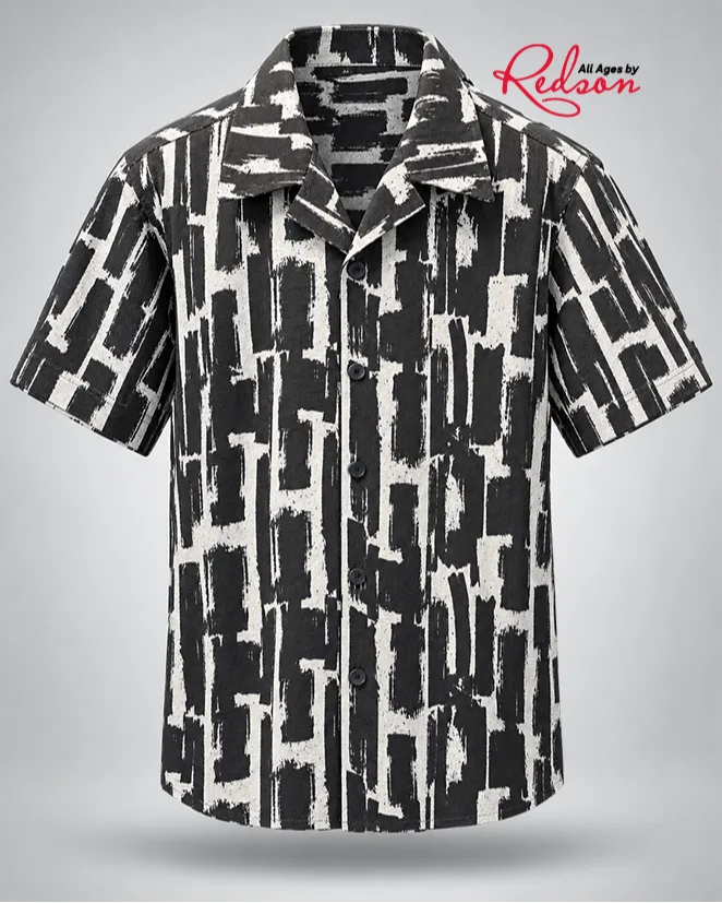 Men’s Black And White Abstract Print Short Sleeve Shirt