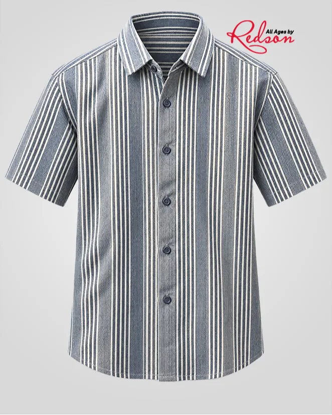 Men’s Grey And White Vertical Striped Short Sleeve Shirt