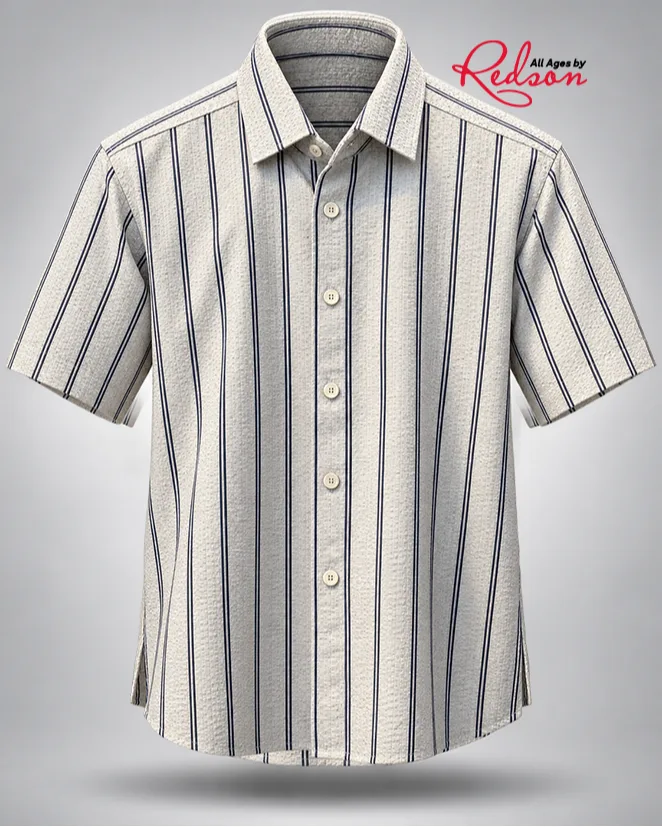 Men’s Cream And Navy Blue Vertical Striped Short Sleeve Shirt