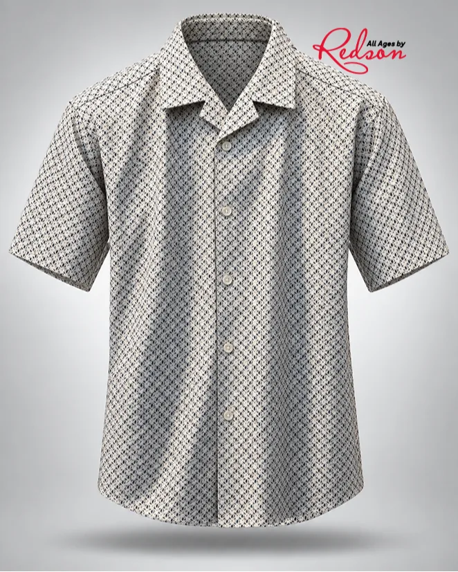 Men’s Cream And Black Geometric Print Short Sleeve Shirt