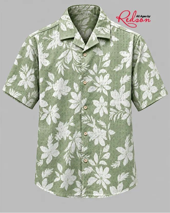 Men’s Beige And White Floral Print Short Sleeve Shirt