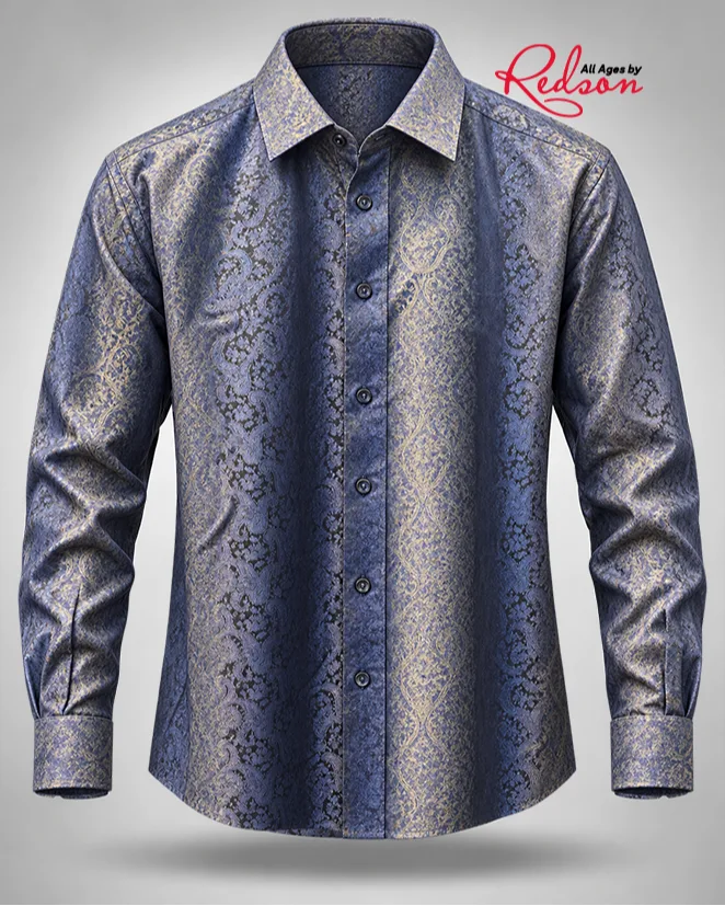Men’s Navy Blue And Gold Jacquard Long Sleeve Shirt