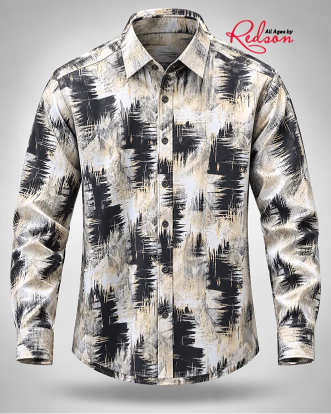 Men’s Black, Beige And White Abstract Print Long Sleeve Shirt