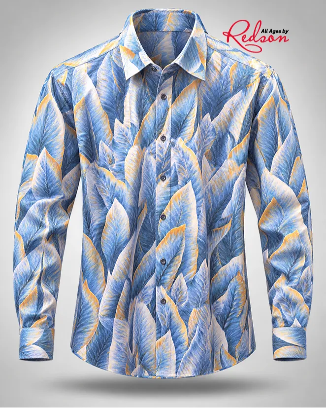 Men’s Blue And Gold Tropical Leaf Print Long Sleeve Shirt
