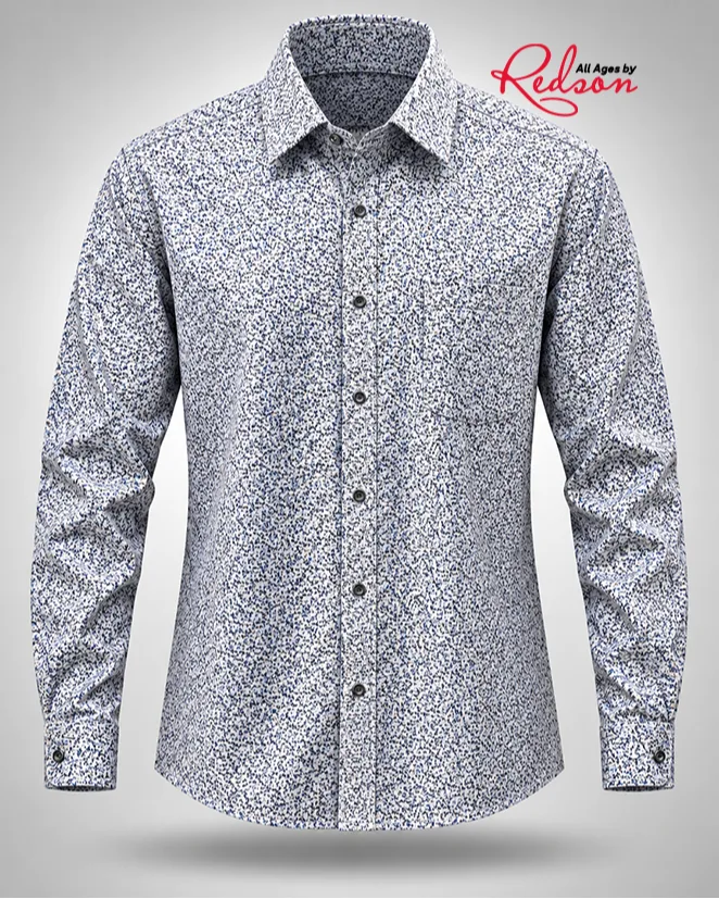 Men’s White And Navy Blue Micro Print Long Sleeve Shirt