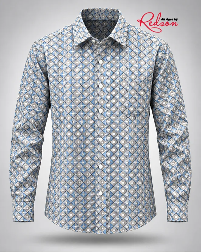 Men’s Blue And Grey Geometric Print Long Sleeve Shirt