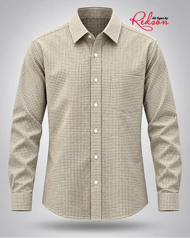 Men’s Beige And Brown Checkered Long Sleeve Shirt