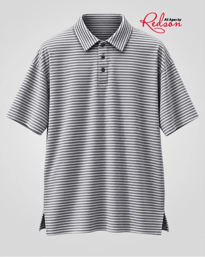 Men’s Grey And White Horizontal Striped Short Sleeve Polo Shirt
