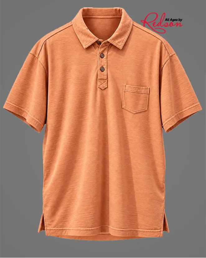 Men’s Burnt Orange Textured Short Sleeve Polo Shirt With Chest Pocket