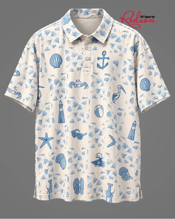 Men’s Cream And Blue Coastal Print Short Sleeve Polo Shirt