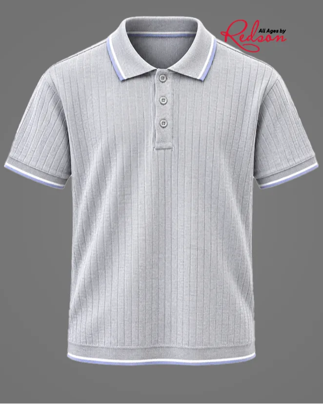 Men’s Light Grey Textured Short Sleeve Polo Shirt With Blue Contrast Trim