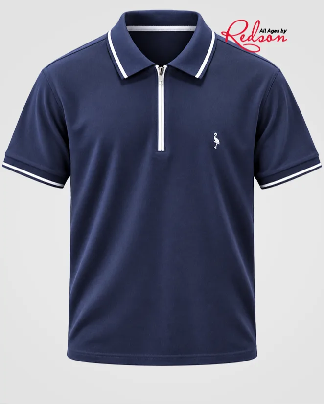 Men’s Navy Blue Short Sleeve Zipper Polo Shirt With White Contrast Trim