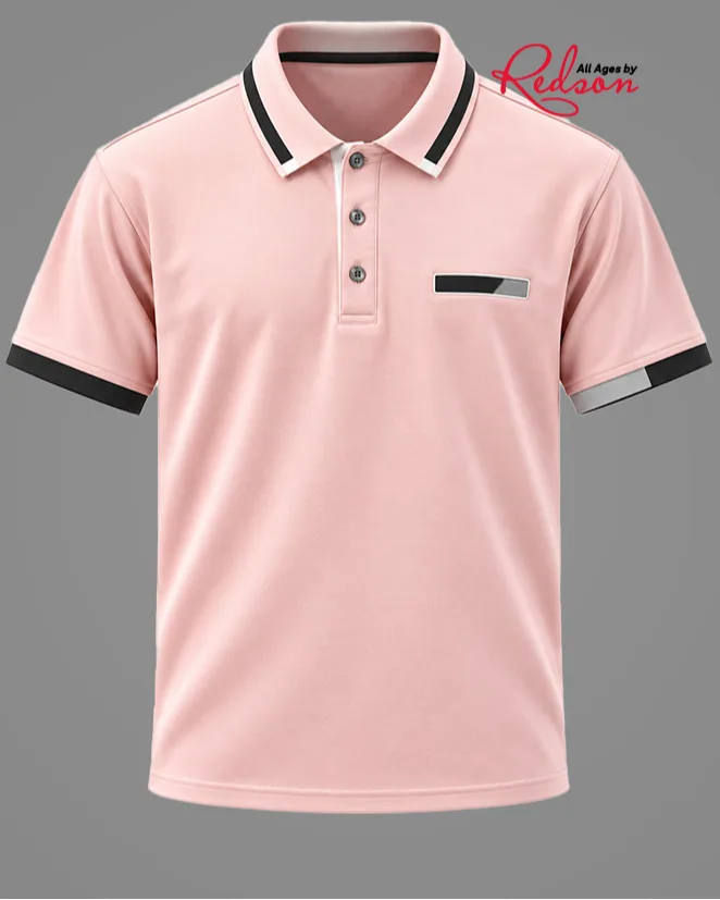 Men’s Peach Pink Short Sleeve Polo Shirt With Black And Grey Contrast Trim