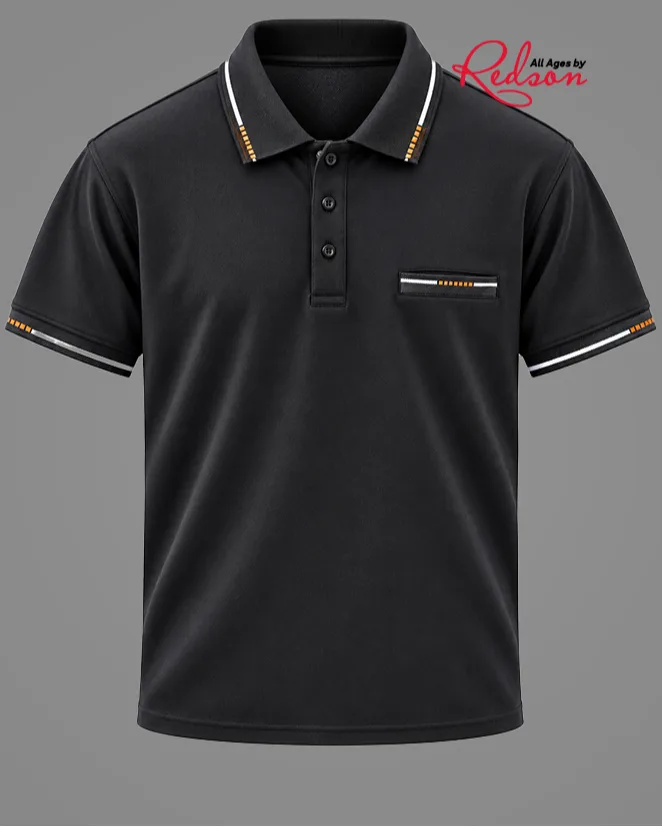 Men’s Black Short Sleeve Polo Shirt With White And Orange Contrast Details