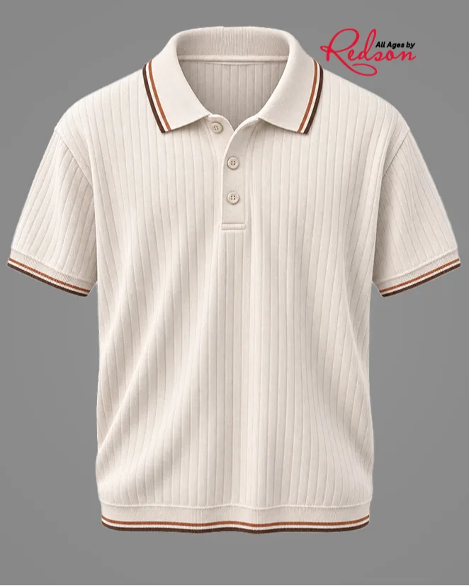 Men’s Cream Ribbed Short-Sleeve Polo Shirt With Brown Contrast Trim