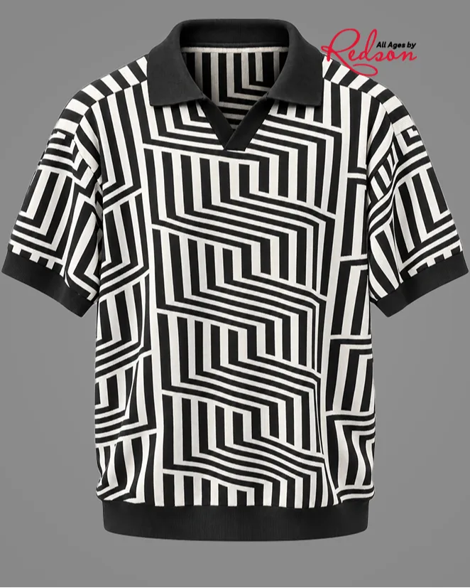 Men’s Black And White Geometric Pattern Short Sleeve Polo Shirt