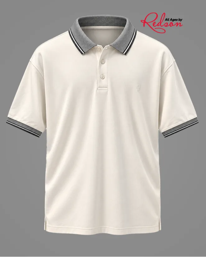 Men’s Ivory White Short Sleeve Polo Shirt With Black Contrast Trim