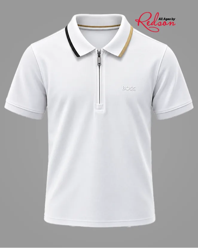 Men’s White Boss Short Sleeve Zip Collar Polo Shirt