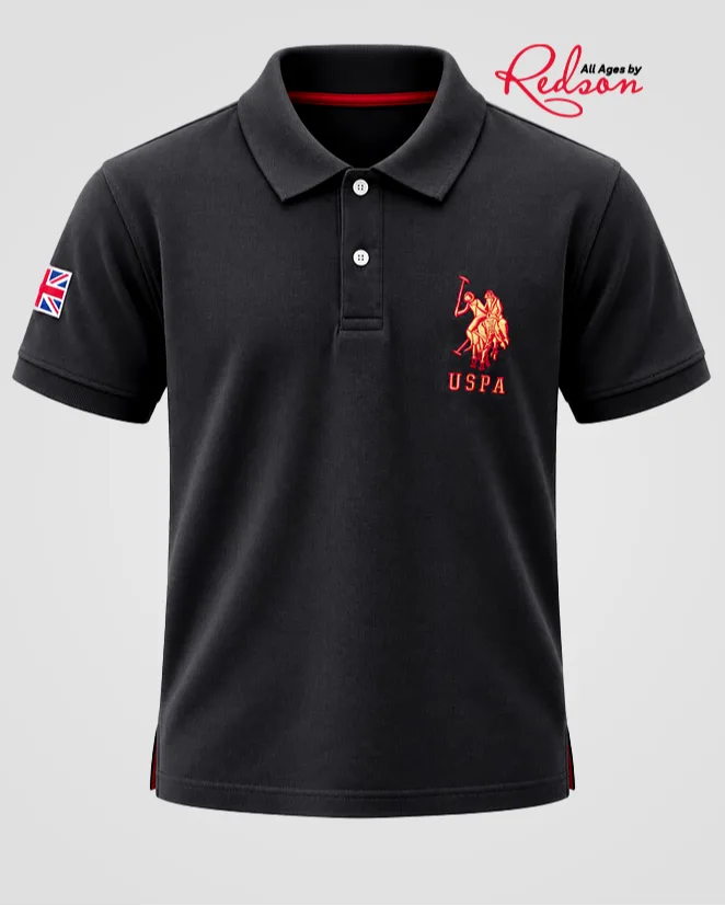 Men’s Black Uspa Short Sleeve Polo Shirt With Red Embroidery