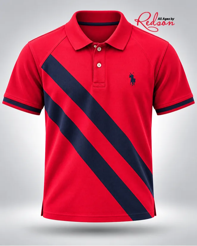 Men’s Red Polo Shirt With Diagonal Navy Blue Stripes