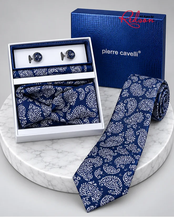 Pierre Cavelli Navy Blue Paisley Tie And Accessories Gift Set